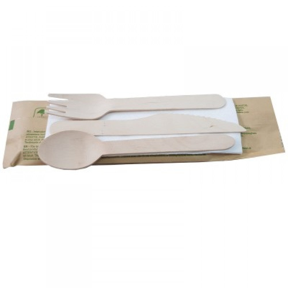 Tacamuri TRIS lemn (cutit+furculita+lingura+servetel, ambalate) 100 buc/set